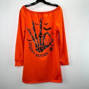 Halloween Mini Dress S Women Skeleton Hand Off Shoulder Long Sleeve Spooky Bats